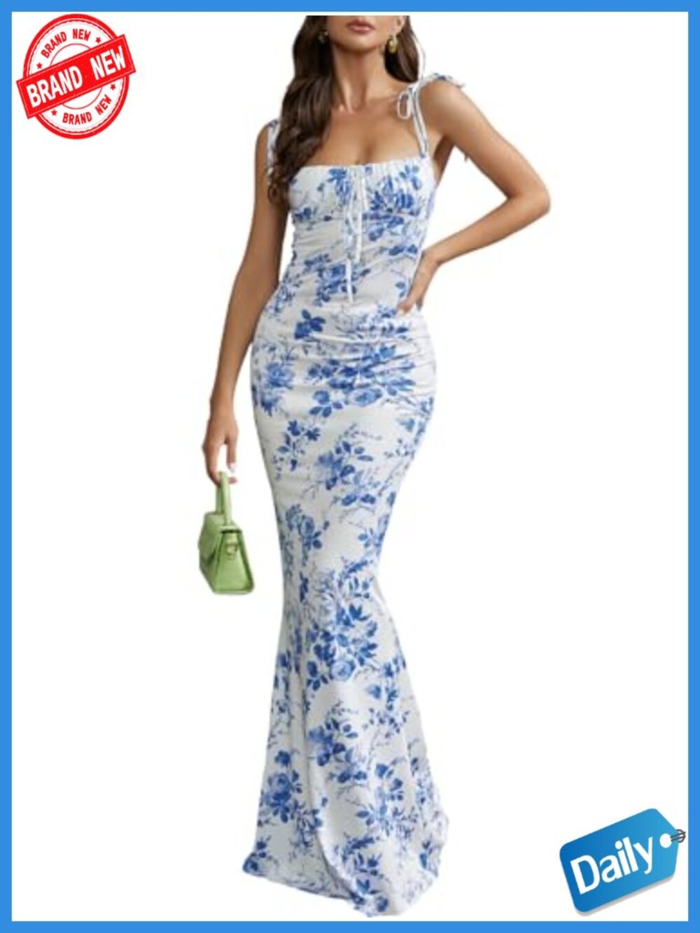 Stretchy Floral Maxi Mermaid Dress Spaghetti Strap Square Neck